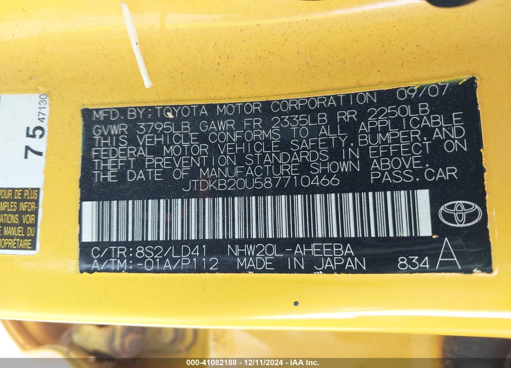 2008 TOYOTA PRIUS VIN: JTDKB20U587710466