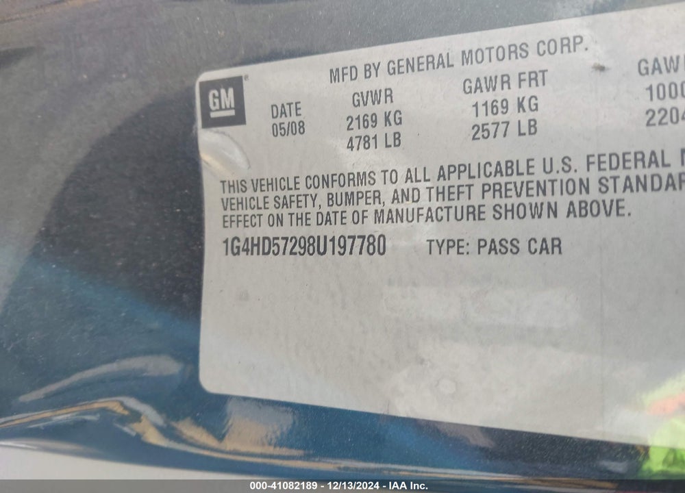 2008 BUICK LUCERNE CXL VIN: 1G4HD57298U197780