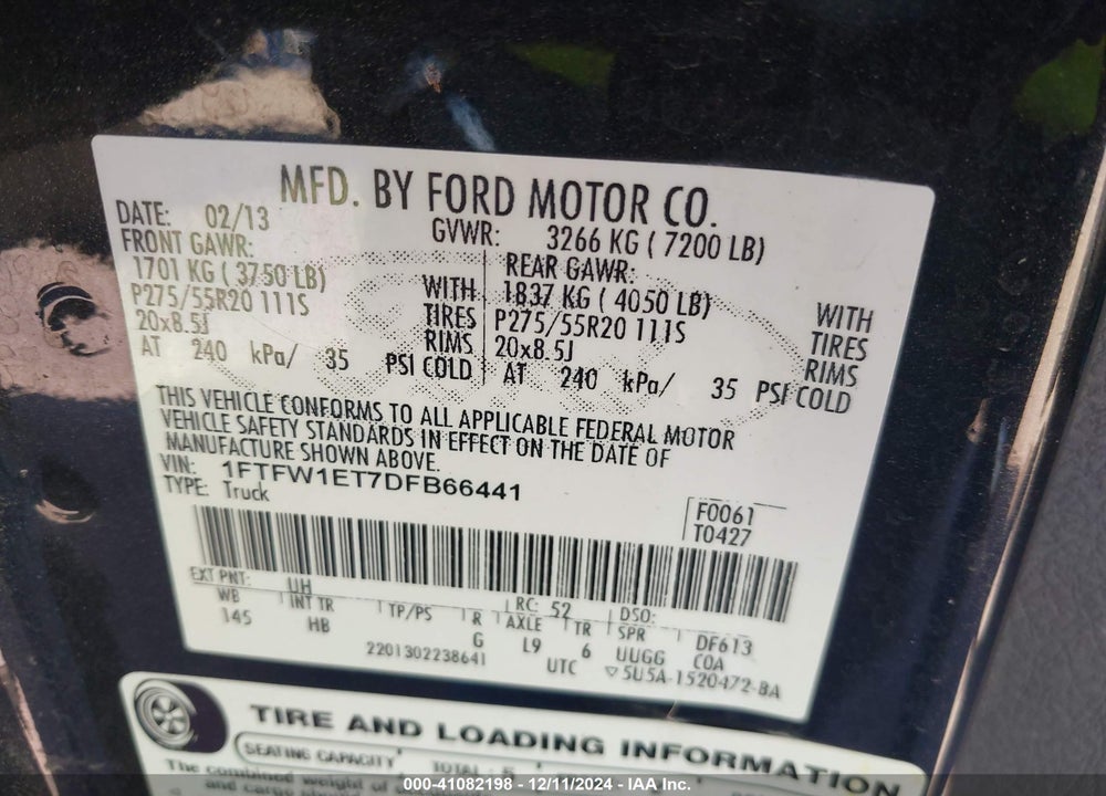 2013 FORD F-150 LARIAT VIN: 1FTFW1ET7DFB66441