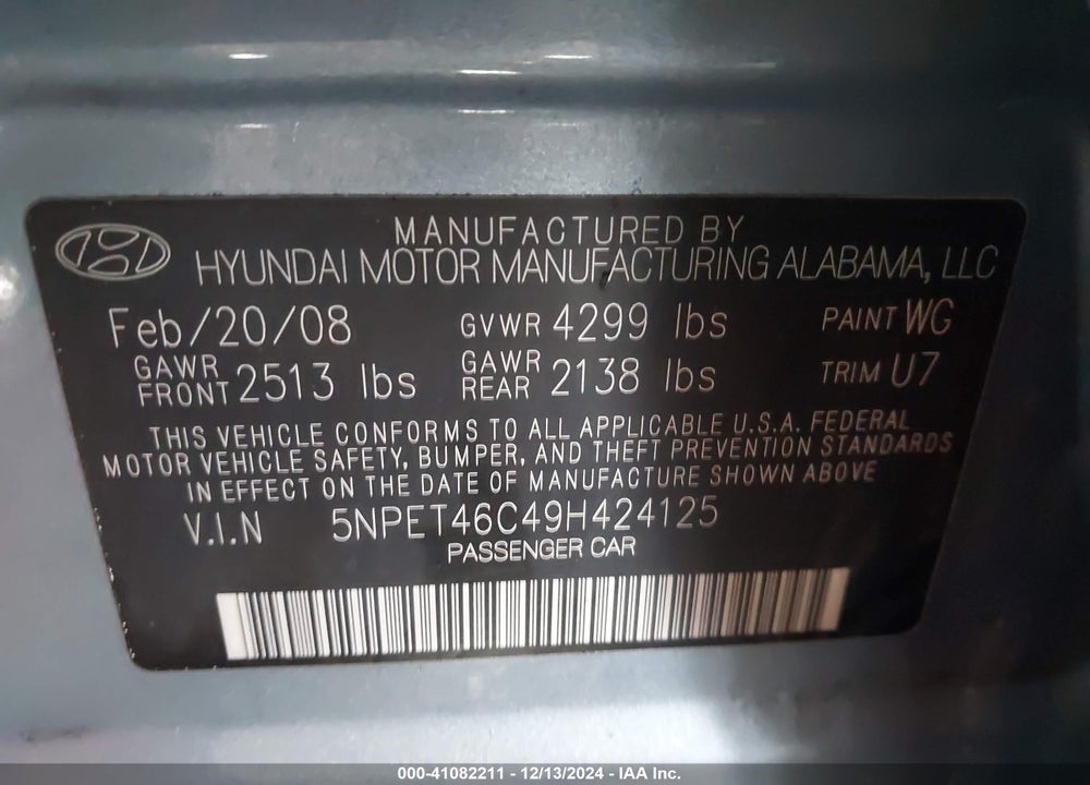 2009 HYUNDAI SONATA GLS VIN: 5NPET46C49H424125