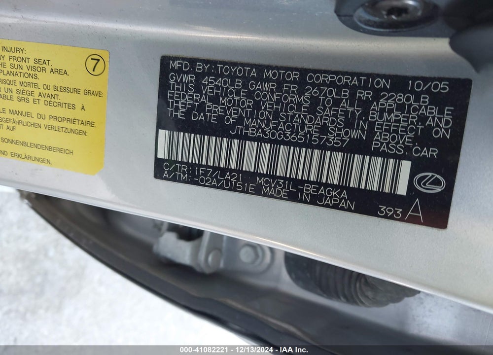 2006 LEXUS ES 330 VIN: JTHBA30G365157357
