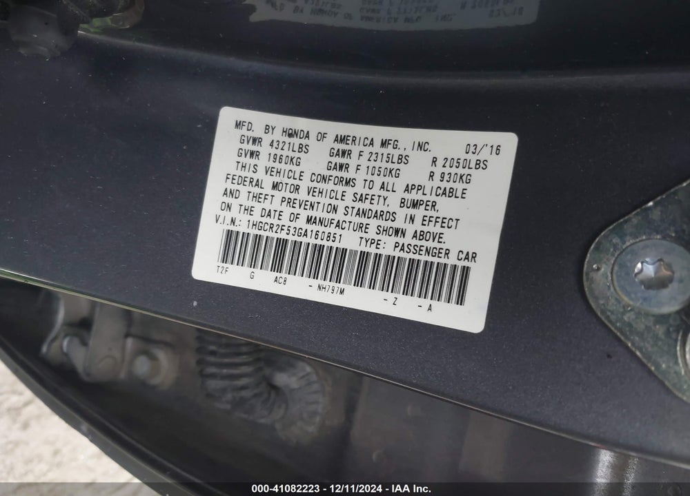 2016 HONDA ACCORD SPORT VIN: 1HGCR2F53GA160851