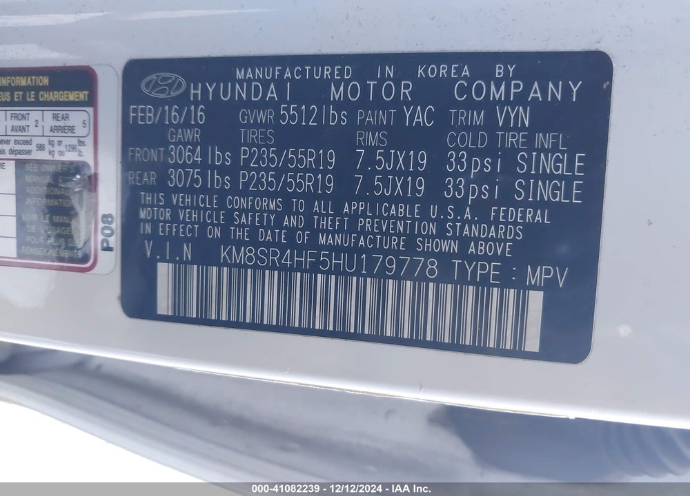 2017 HYUNDAI SANTA FE SE ULTIMATE VIN: KM8SR4HF5HU179778