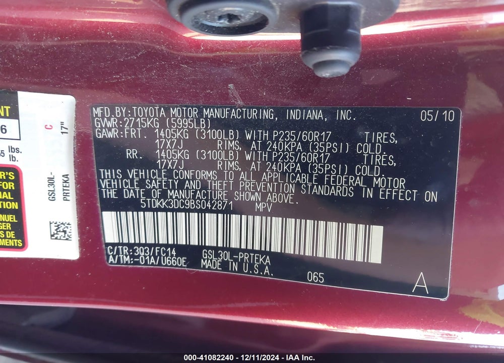2011 TOYOTA SIENNA LE V6 VIN: 5TDKK3DC9BS042871