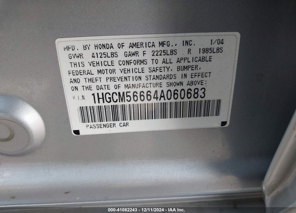 2004 HONDA ACCORD 2.4 EX VIN: 1HGCM56664A060683
