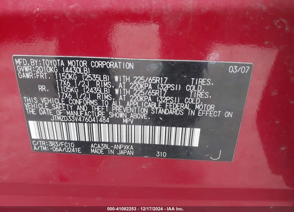 2007 TOYOTA RAV4 VIN: JTMZD33V476041484