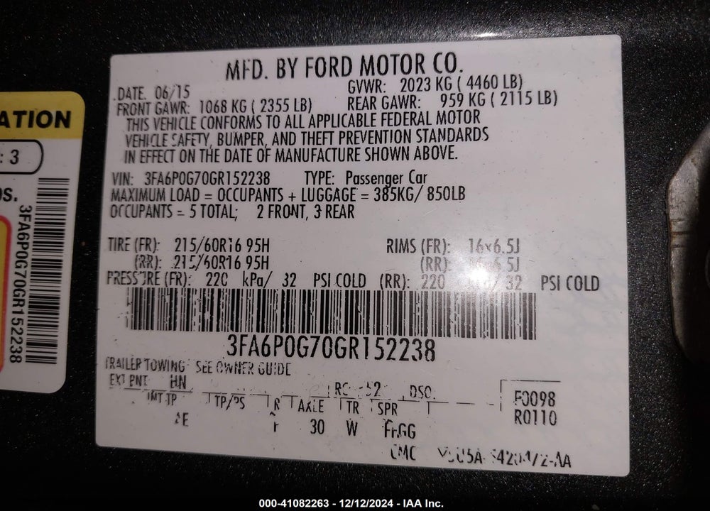 2016 FORD FUSION S VIN: 3FA6P0G70GR152238