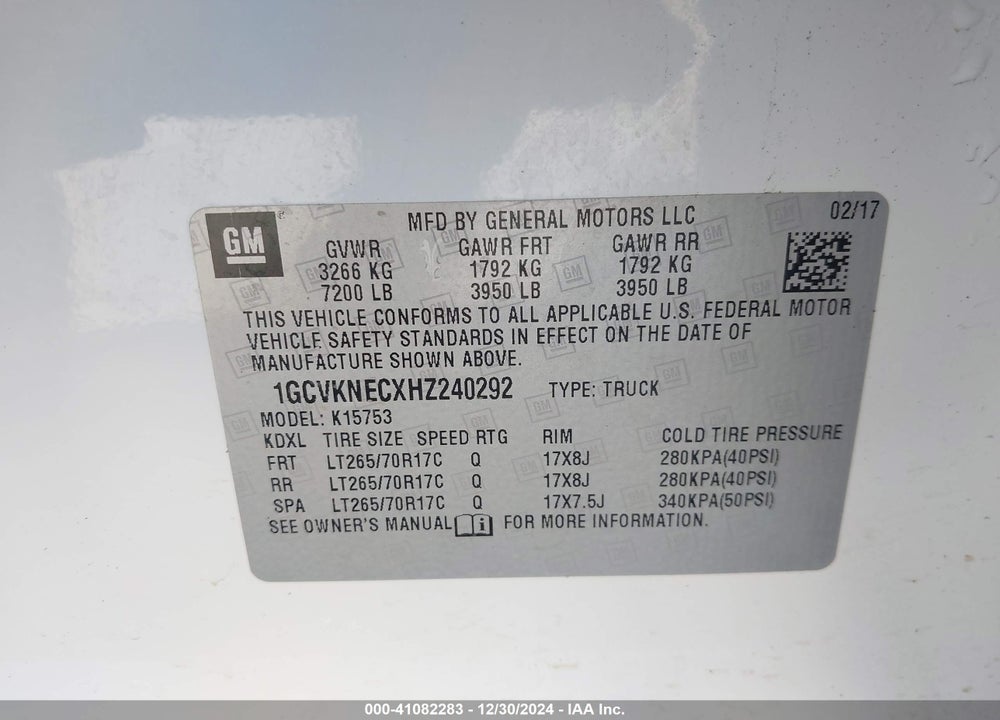 2017 CHEVROLET SILVERADO 1500 WT VIN: 1GCVKNECXHZ240292