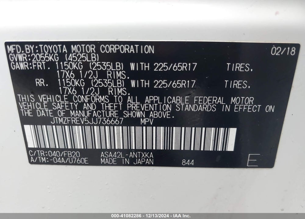 2018 TOYOTA RAV4 LE VIN: JTMZFREV5JJ736667