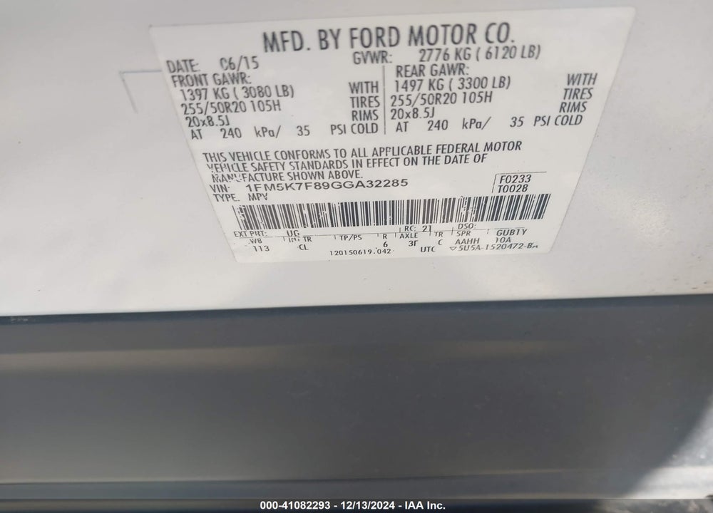 2016 FORD EXPLORER LIMITED VIN: 1FM5K7F89GGA32285