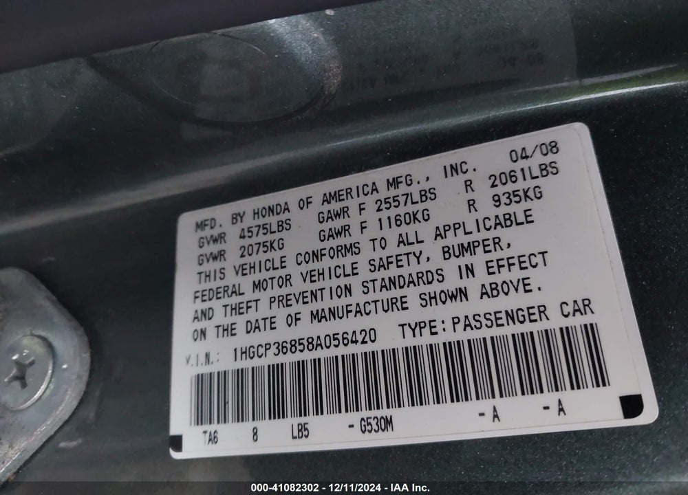 2008 HONDA ACCORD VIN: 1HGCP36858A056420