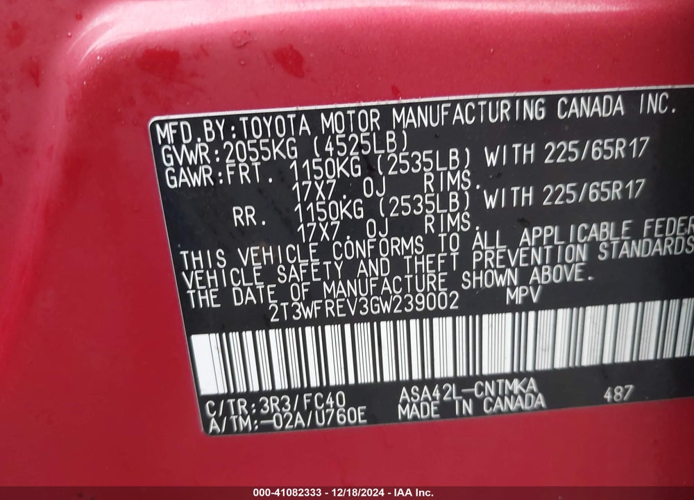 2016 TOYOTA RAV4 XLE VIN: 2T3WFREV3GW239002