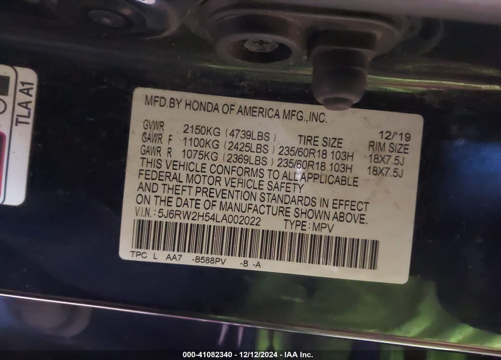 2020 HONDA CR-V AWD EX VIN: 5J6RW2H54LA002022