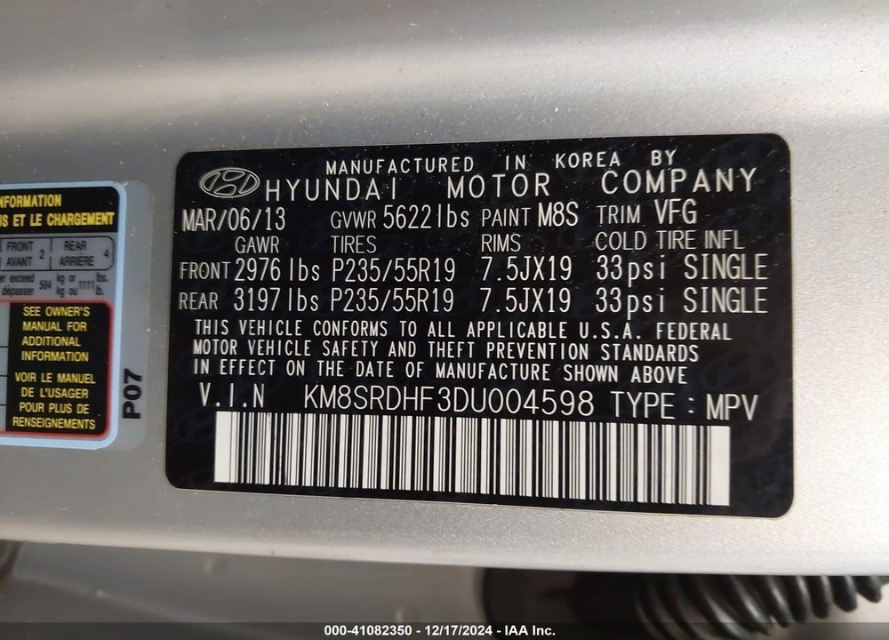 2013 HYUNDAI SANTA FE LIMITED VIN: KM8SRDHF3DU004598