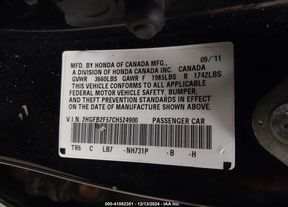 2012 HONDA CIVIC LX VIN: 2HGFB2F57CH524900