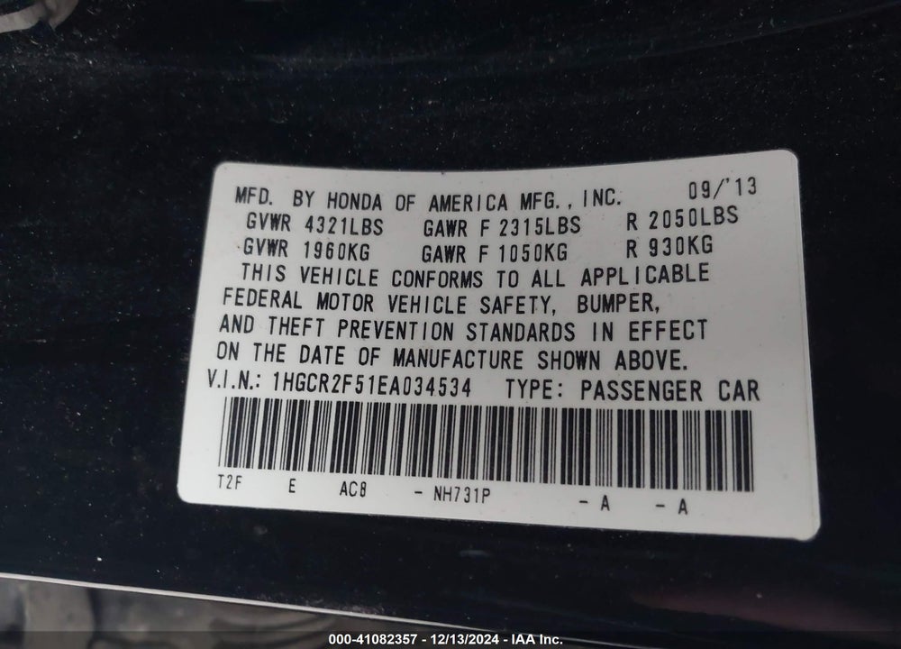 2014 HONDA ACCORD SPORT VIN: 1HGCR2F51EA034534