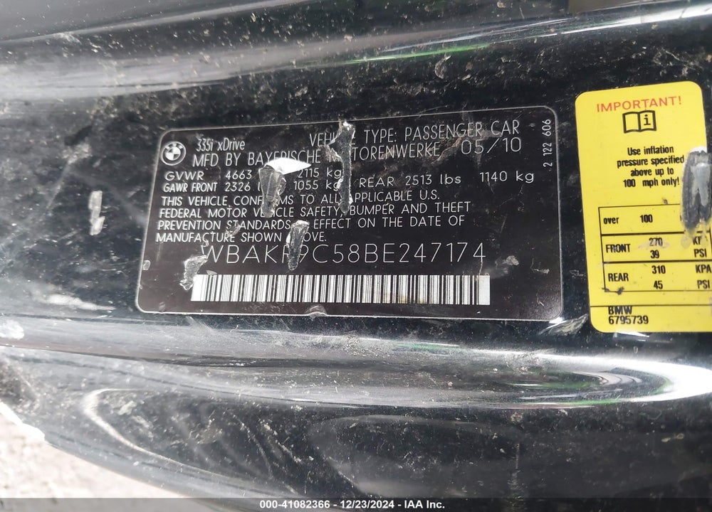 2011 BMW 3 SERIES VIN: WBAKF9C58BE247174