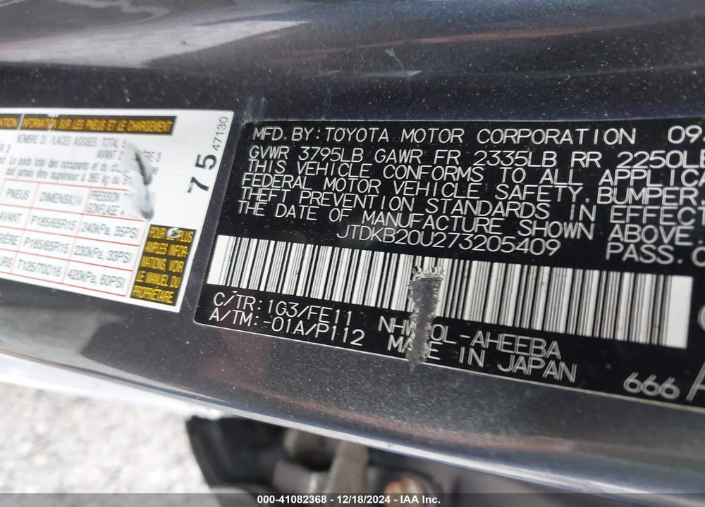 2007 TOYOTA PRIUS VIN: JTDKB20U273205409