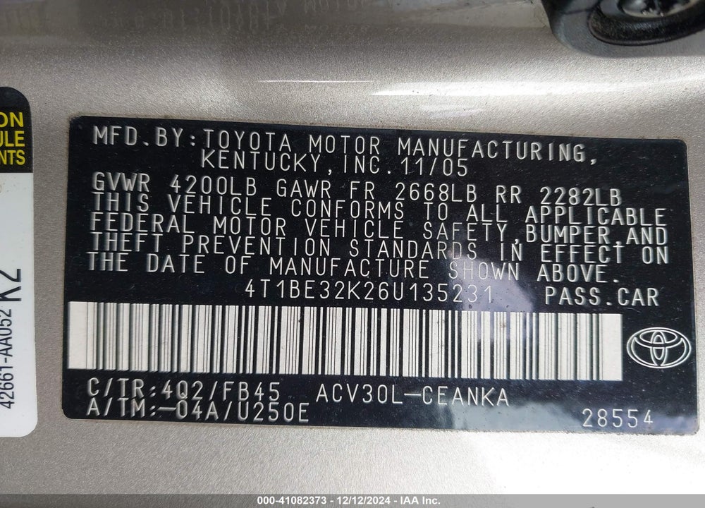 2006 TOYOTA CAMRY LE VIN: 4T1BE32K26U135231