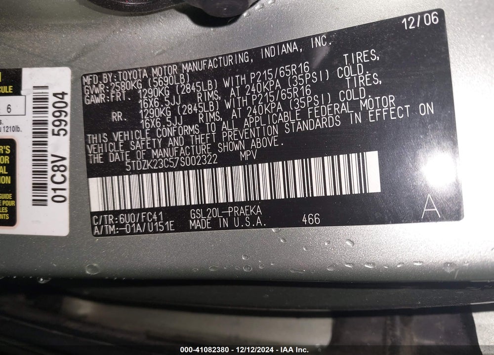 2007 TOYOTA SIENNA LE VIN: 5TDZK23C57S002322