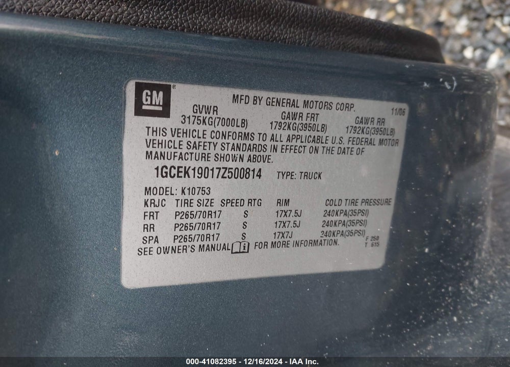 2007 CHEVROLET SILVERADO 1500 LT1 VIN: 1GCEK19017Z500814