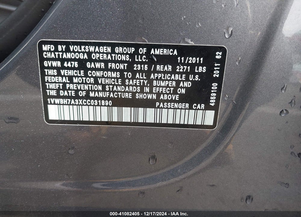 2012 VOLKSWAGEN PASSAT 2.5L SE VIN: 1VWBH7A3XCC031890