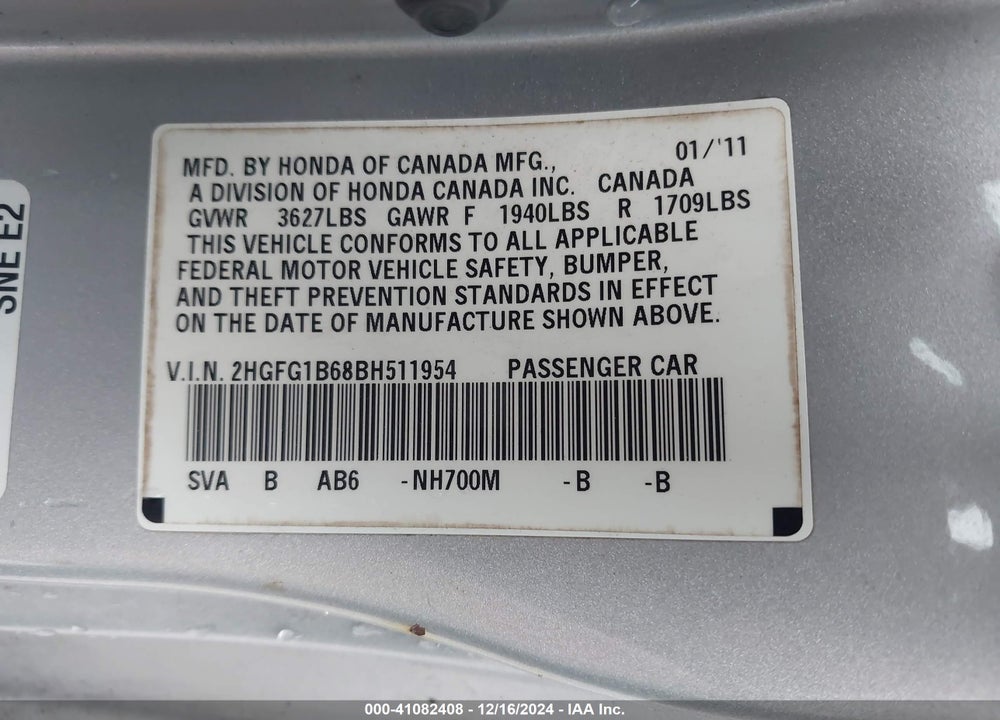 2011 HONDA CIVIC LX VIN: 2HGFG1B68BH511954