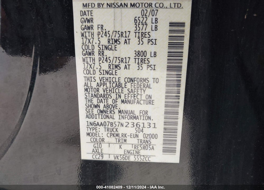 2007 NISSAN TITAN XE VIN: 1N6AA07B57N236131