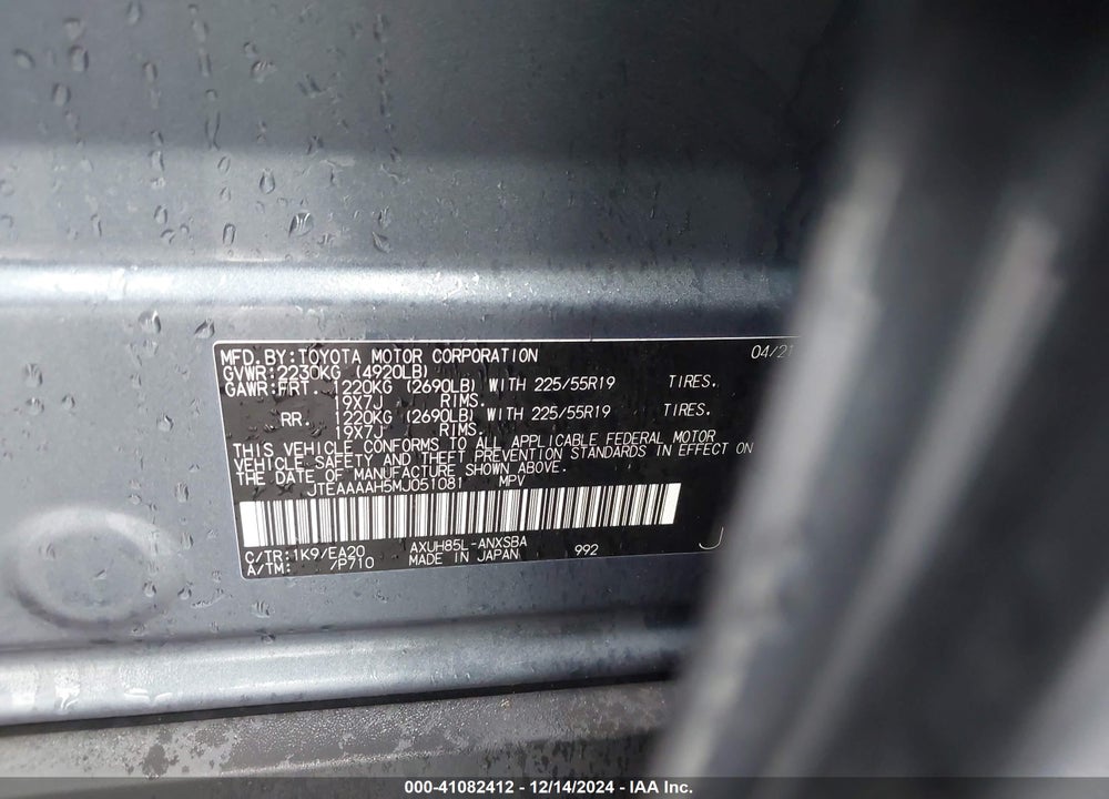 2021 TOYOTA VENZA LIMITED VIN: JTEAAAAH5MJ051081