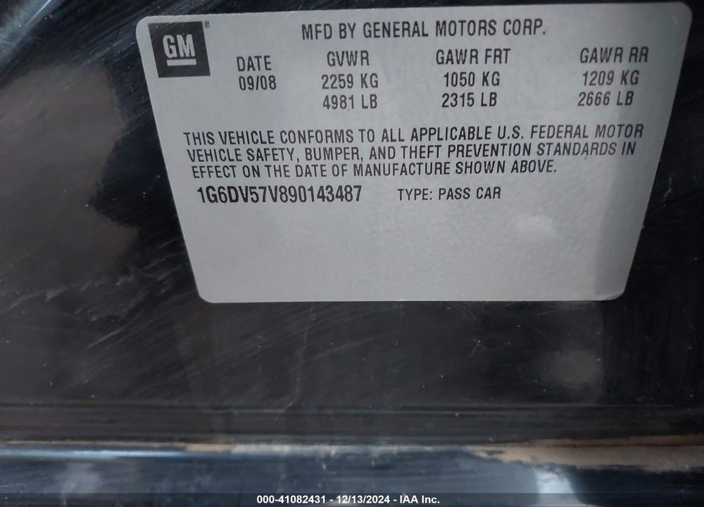 2009 CADILLAC CTS STANDARD VIN: 1G6DV57V890143487