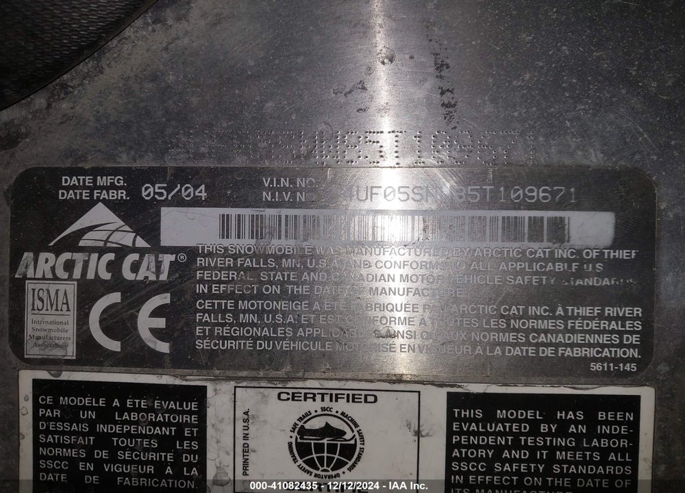 2005 ARCTIC CAT ZR 900 VIN: 4UF05SNW85T109671