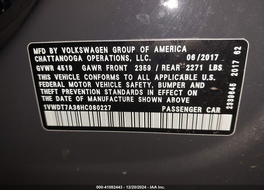 2017 VOLKSWAGEN PASSAT 1.8T R-LINE VIN: 1VWDT7A36HC080227