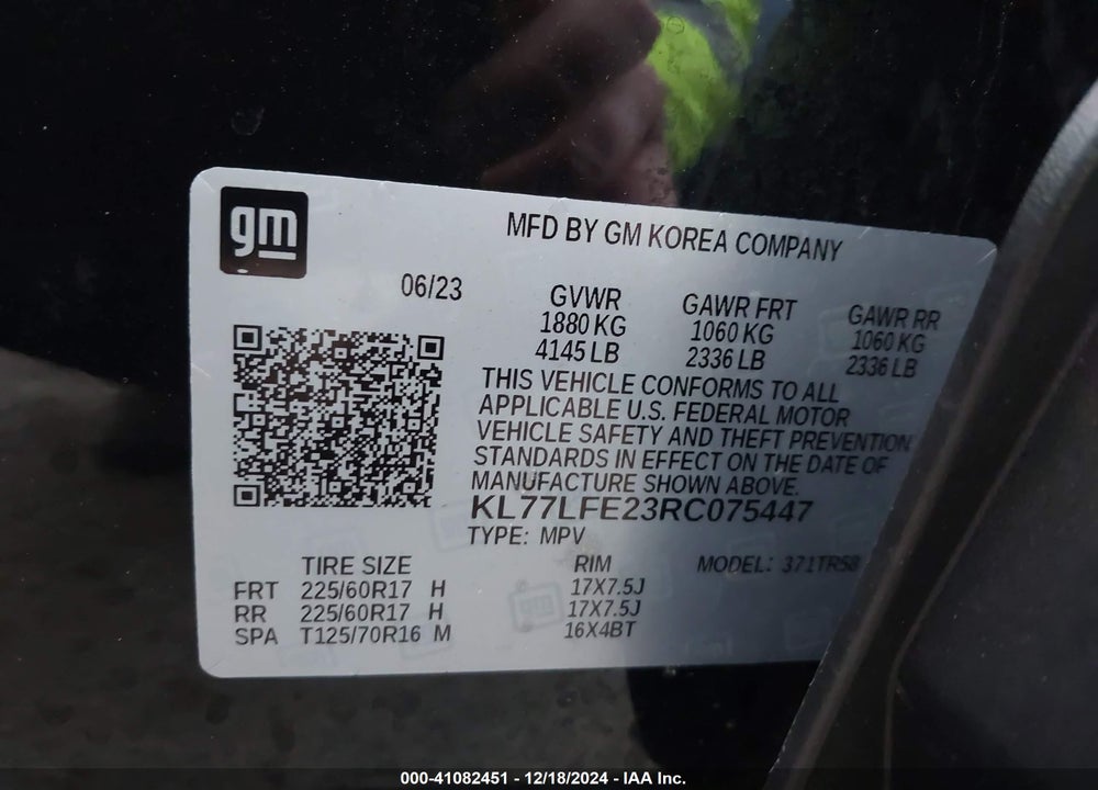 2024 CHEVROLET TRAX FWD SP VIN: KL77LFE23RC075447