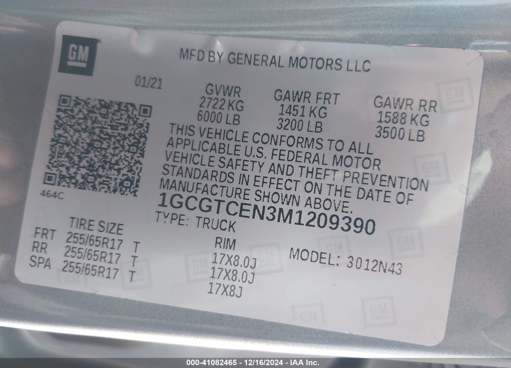 2021 CHEVROLET COLORADO VIN: 1GCGTCEN3M1209390
