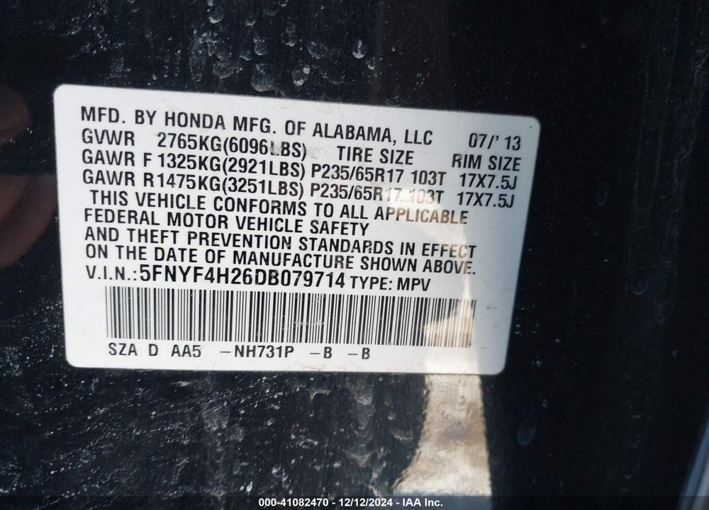 2013 HONDA PILOT LX VIN: 5FNYF4H26DB079714