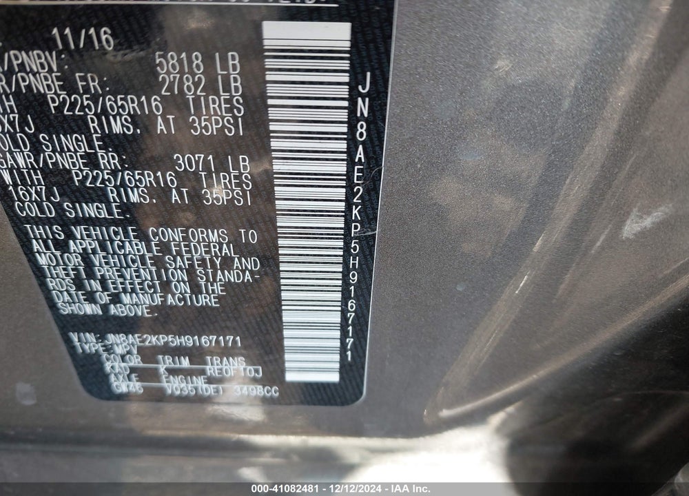 2017 NISSAN QUEST SV VIN: JN8AE2KP5H9167171