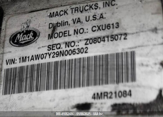 2009 MACK CXU613 CXU600 VIN: 1M1AW07Y29N006302