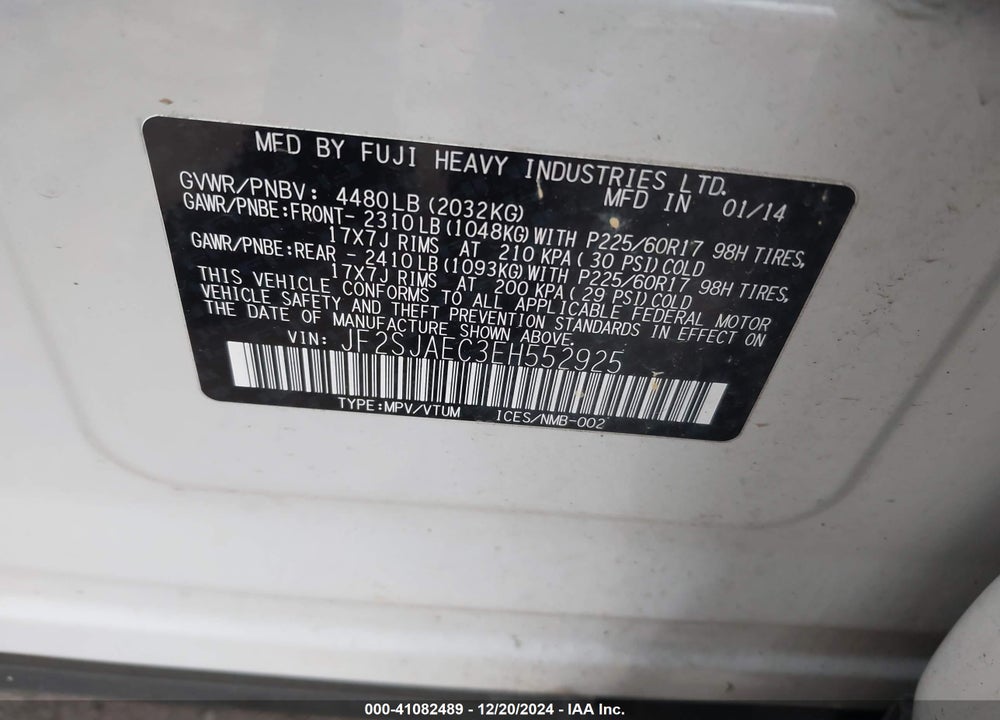 2014 SUBARU FORESTER 2.5I PREMIUM VIN: JF2SJAEC3EH552925