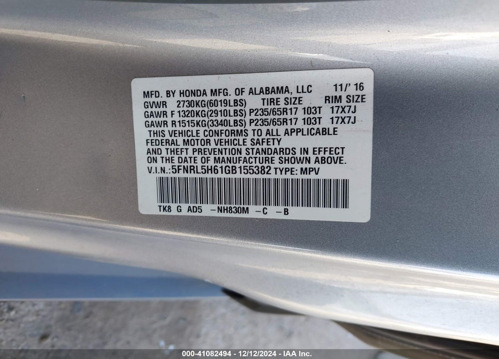 2016 HONDA ODYSSEY VIN: 5FNRL5H61GB155382