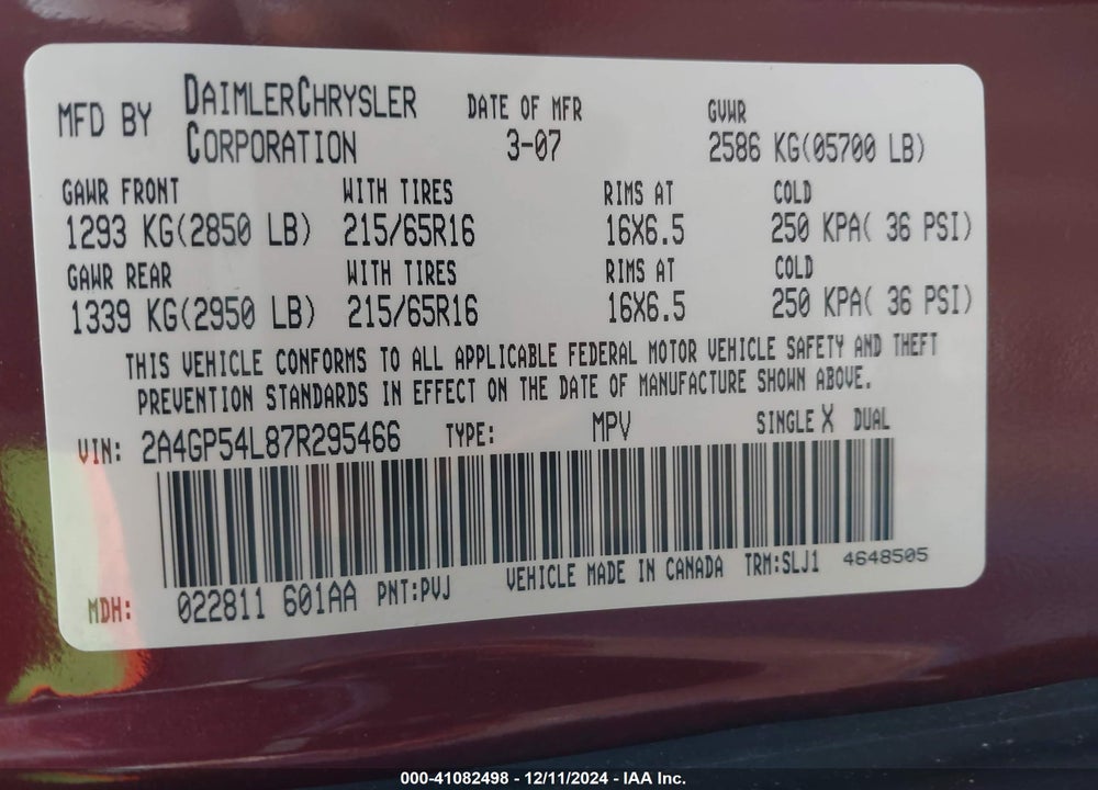 2007 CHRYSLER TOWN & COUNTRY TOURING VIN: 2A4GP54L87R295466