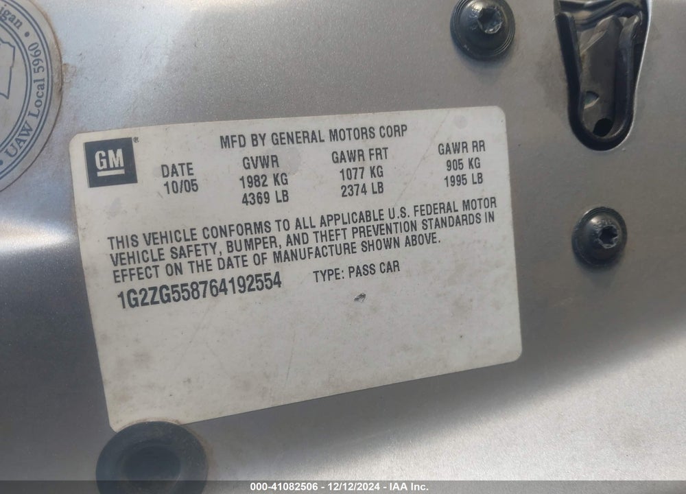 2006 PONTIAC G6 VIN: 1G2ZG558764192554