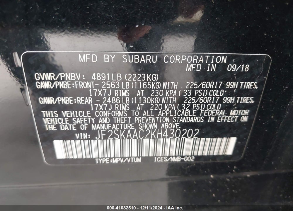 2019 SUBARU FORESTER VIN: JF2SKAAC2KH430202