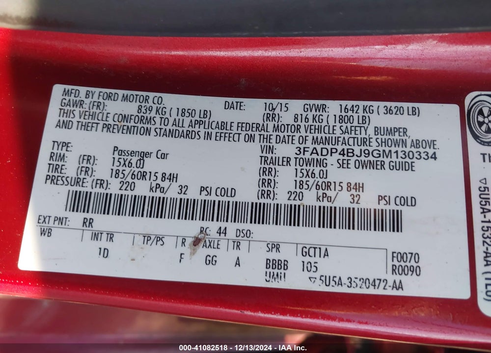 2016 FORD FIESTA SE VIN: 3FADP4BJ9GM130334