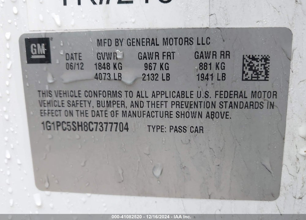 2012 CHEVROLET CRUZE LS VIN: 1G1PC5SH8C7377704