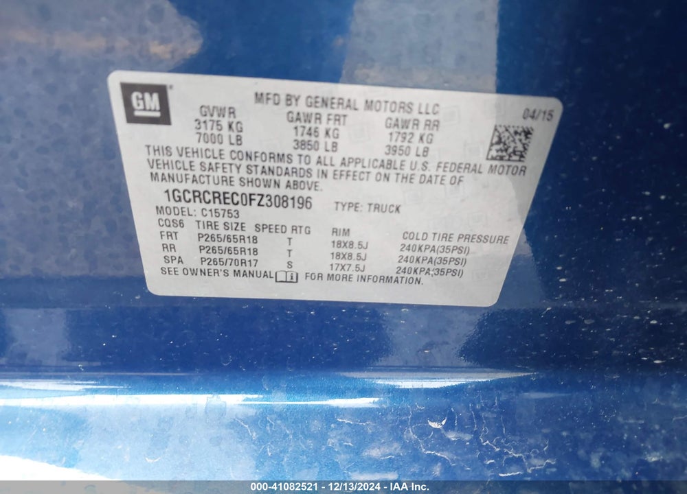 2015 CHEVROLET SILVERADO 1500 2LT VIN: 1GCRCREC0FZ308196