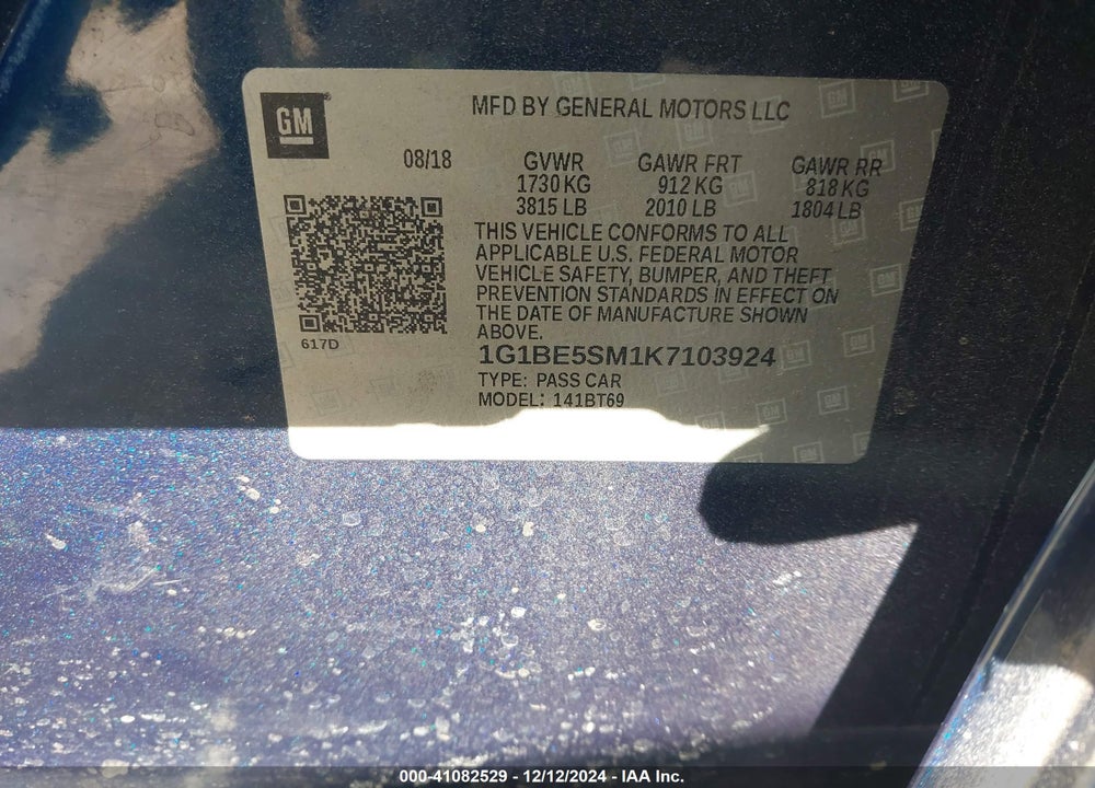 2019 CHEVROLET CRUZE LT VIN: 1G1BE5SM1K7103924