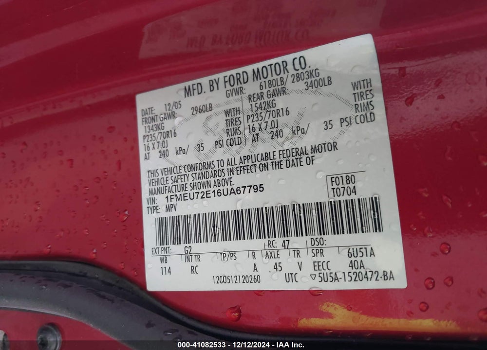 2006 FORD EXPLORER XLS VIN: 1FMEU72E16UA67795