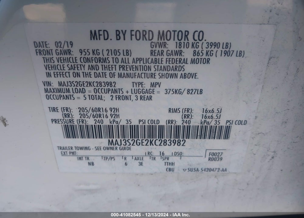 2019 FORD ECOSPORT SE VIN: MAJ3S2GE2KC283982