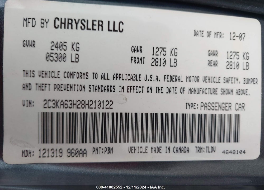 2008 CHRYSLER 300C HEMI VIN: 2C3KA63H28H210122