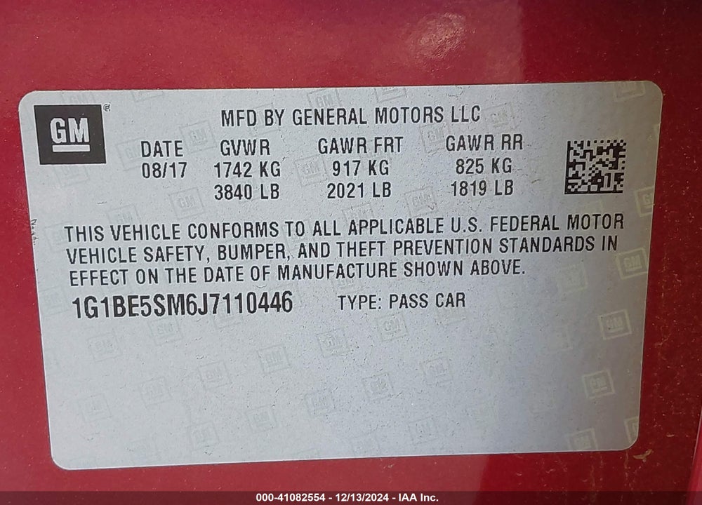 2018 CHEVROLET CRUZE LT AUTO VIN: 1G1BE5SM6J7110446